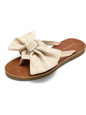 Women's Beige Summer Flip Flops Ring Toe Strappy Slip On Gladiator Flat Sandals